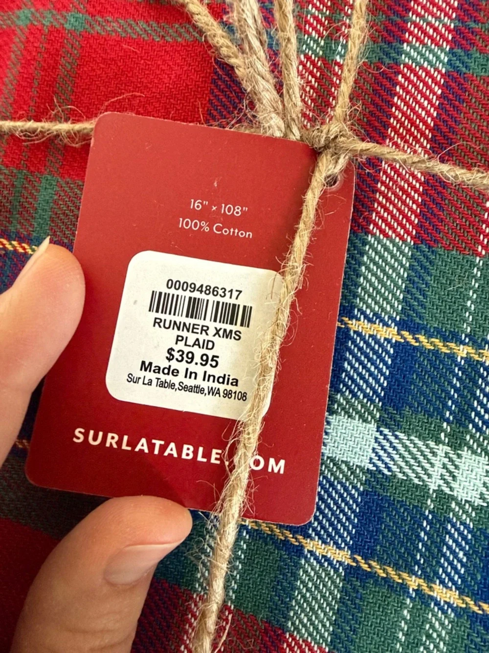 Sur La Table Red Plaid Holiday Table Runner with Green & Blue Accents